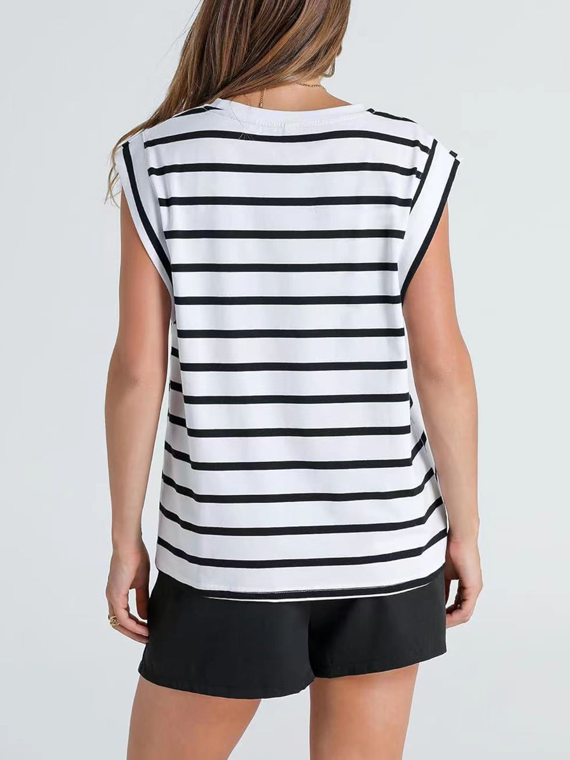 Striped Round Neck Cap Sleeve T-Shirt-Jewearrings