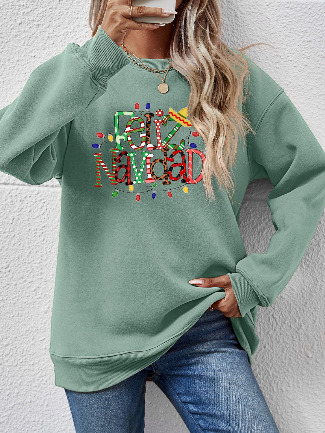 FELIZ NAVIDAD Round Neck Drop Shoulder Sweatshirt-Jewearrings