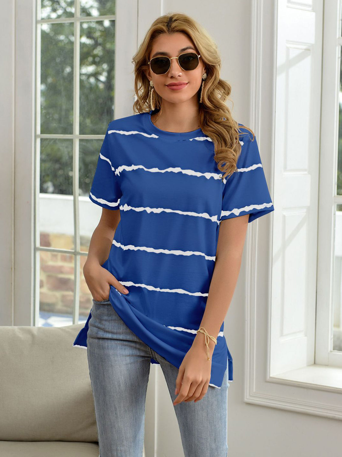 Striped Round Neck Short Sleeve T-Shirt-Jewearrings