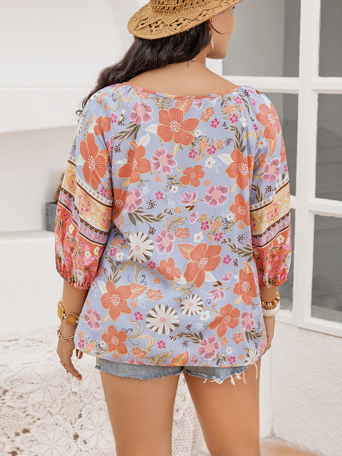 Plus Size Printed Tie Neck Balloon Sleeve Blouse-Jewearrings