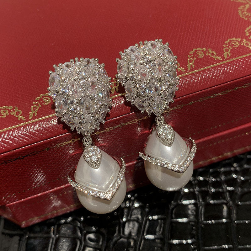 Super Sparkling Balloon S925 Silver Needle One Piece Dress Wave Elegant Drop Pearl Earrings-Jewearrings