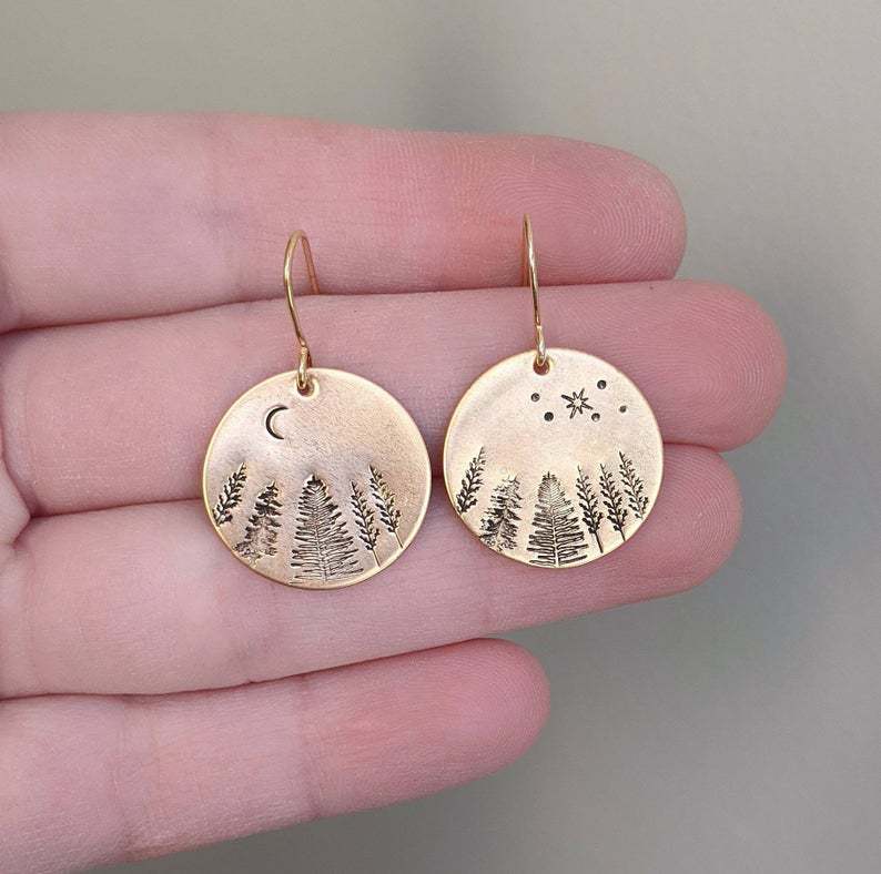 Vintage Asian Gold Disc Pine Star Moon Asymmetric Earrings-Jewearrings