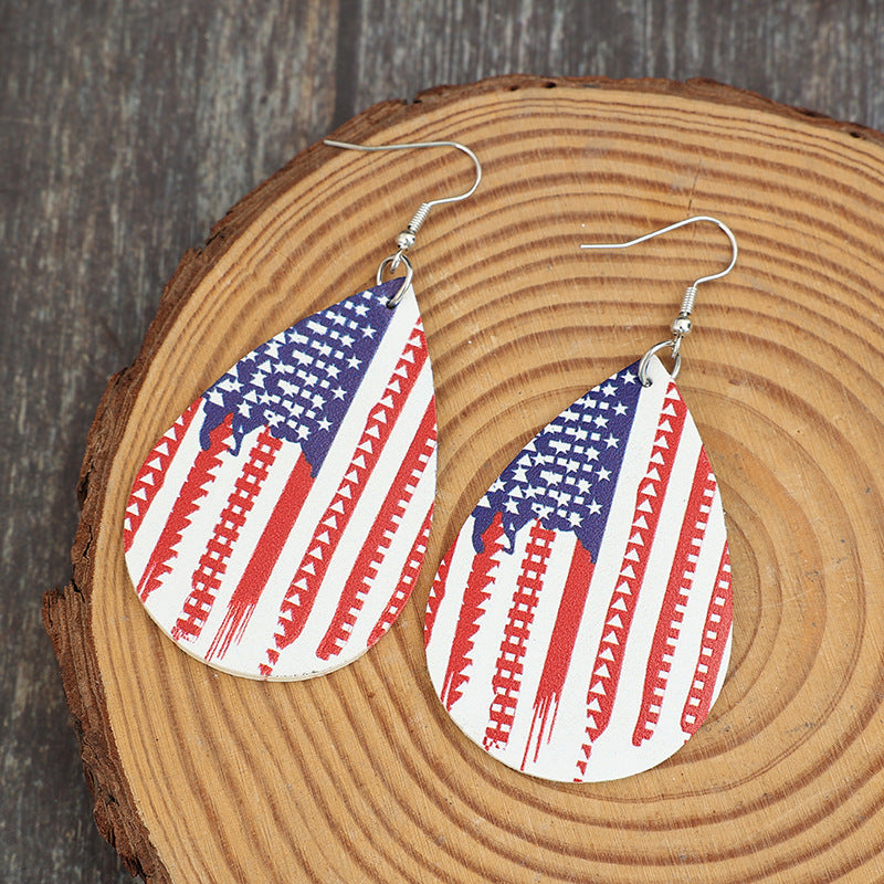 PU Leather US Flag Teardrop Shape Earrings-Jewearrings