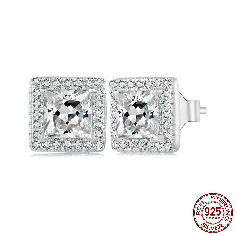 S925 Sterling Silver White Gold Plated Light Luxury Square Zircon Stud Earrings-Jewearrings