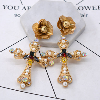 Vintage Baroque Catwalk Style Cross Earrings Female Accessories-Jewearrings