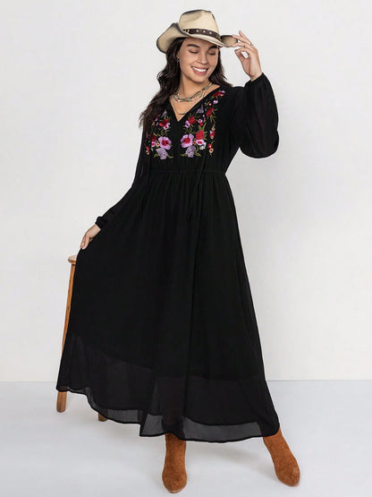 Plus Size Embroidered Tie Neck Long Sleeve Dress-Jewearrings