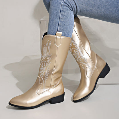 Embroidered Point Toe Block Heel Boots-Jewearrings