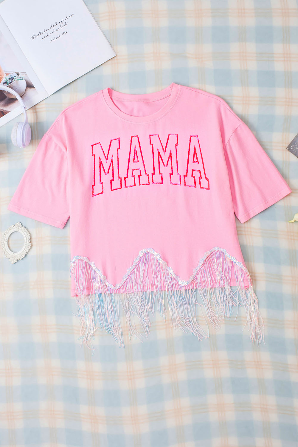 MAMA Sequin Fringe Round Neck T-Shirt-Jewearrings