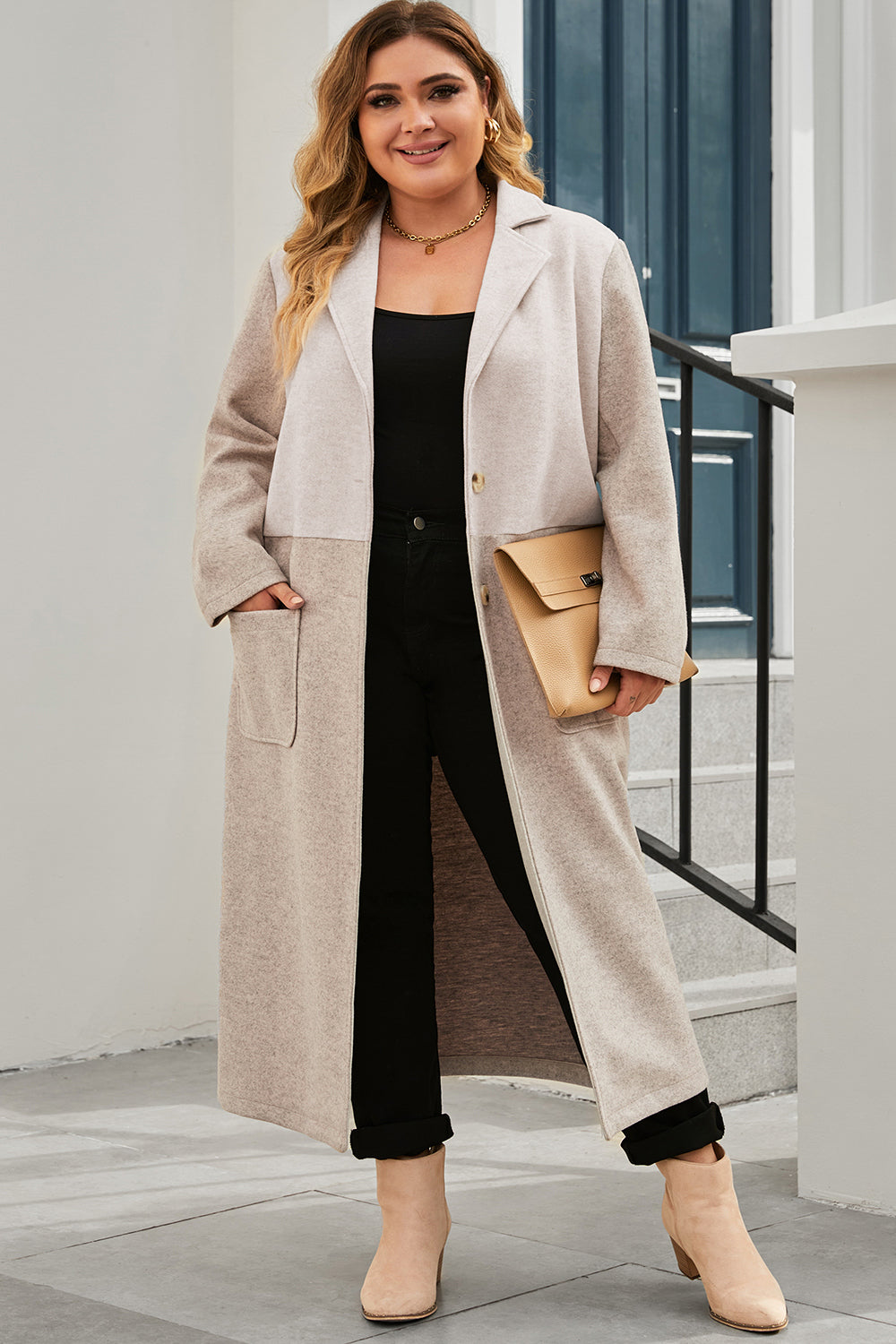 Plus Size Collared Neck Buttoned Longline Coat-Jewearrings