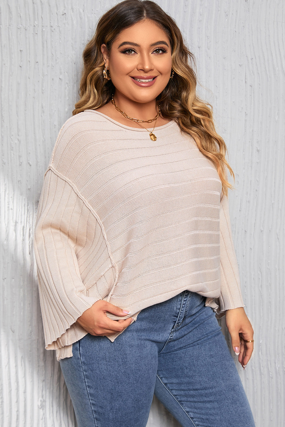 Plus Size Round Neck Exposed Seam T-Shirt-Jewearrings