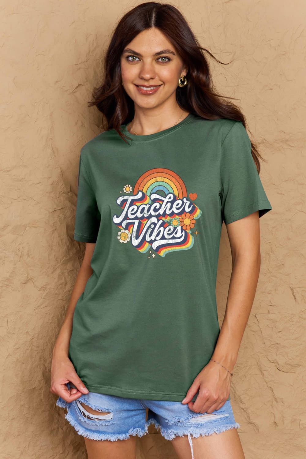 Simply Love Full Size TEACHER VIBES Graphic Cotton T-Shirt-Jewearrings