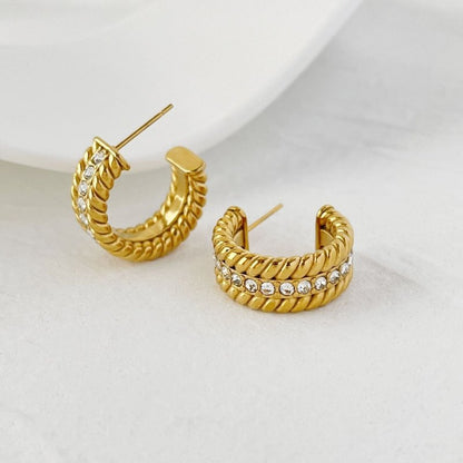 Electroplated Gold-plated C- Shaped Diamond Hoop Earrings-Jewearrings