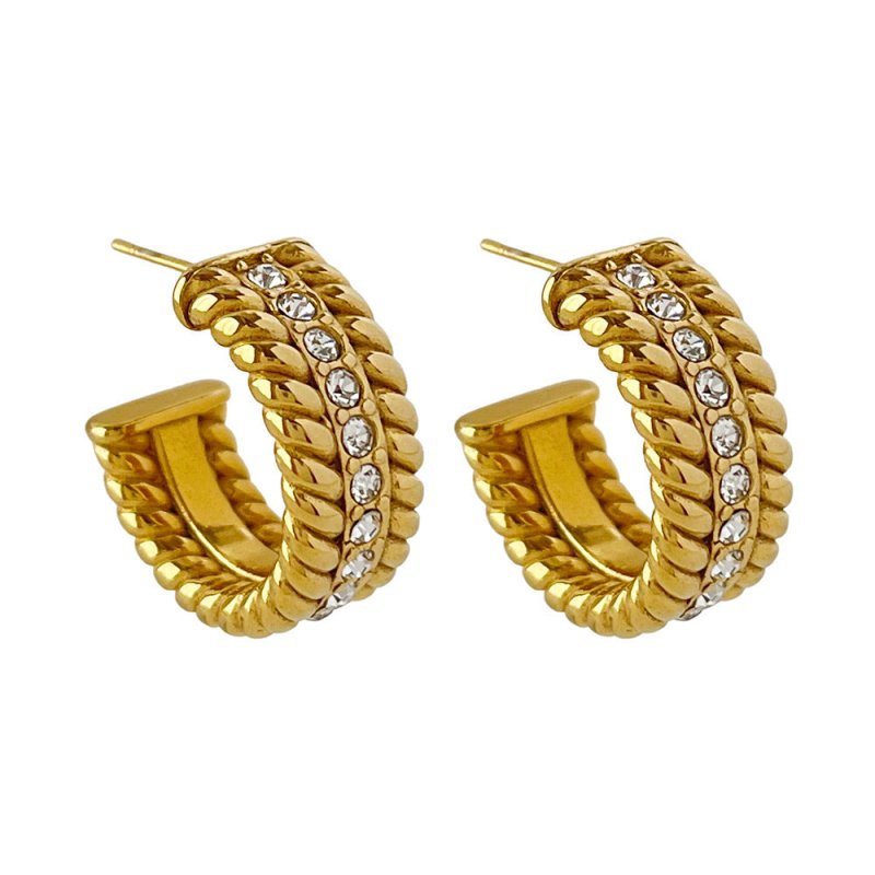 Electroplated Gold-plated C- Shaped Diamond Hoop Earrings-Jewearrings