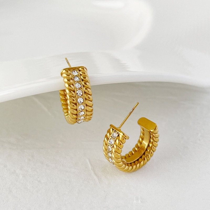 Electroplated Gold-plated C- Shaped Diamond Hoop Earrings-Jewearrings