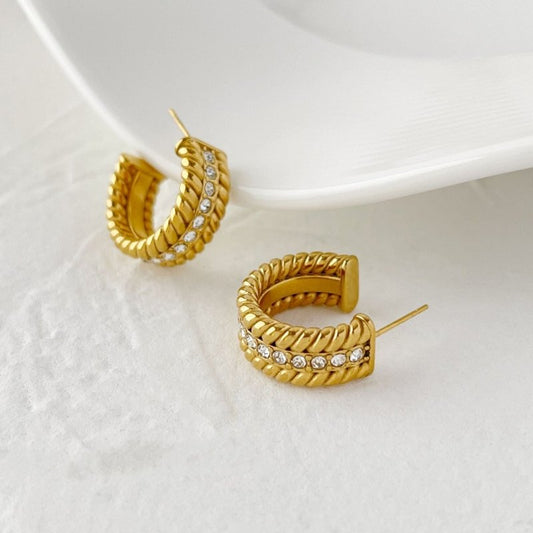 Electroplated Gold-plated C- Shaped Diamond Hoop Earrings-Jewearrings