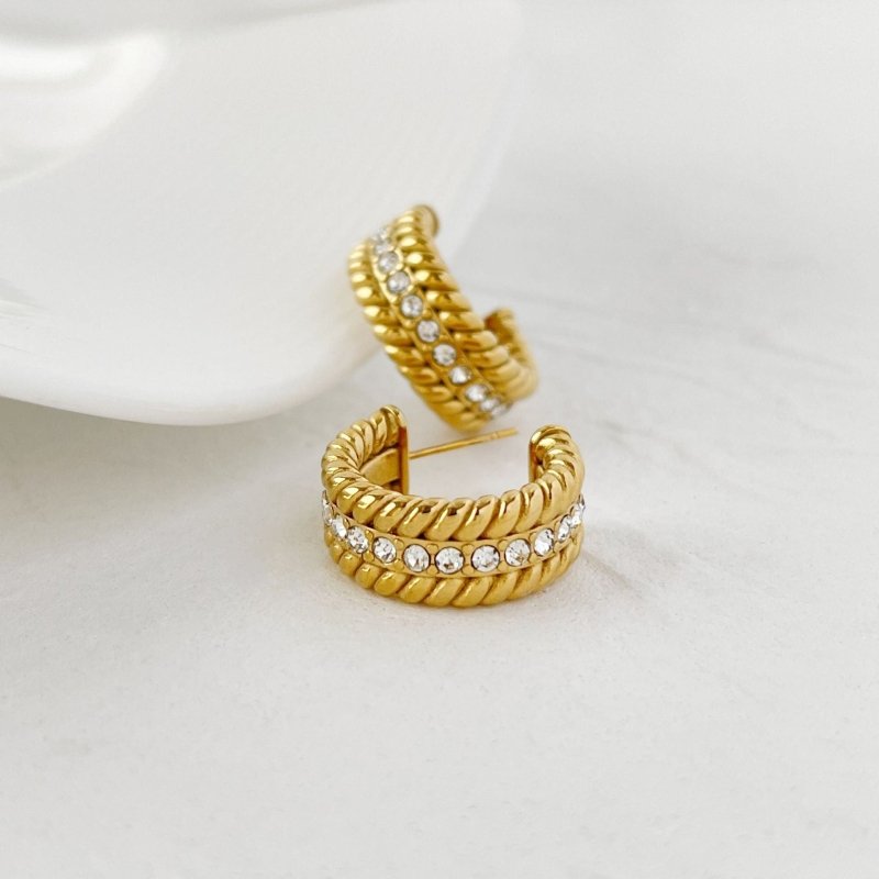 Electroplated Gold-plated C- Shaped Diamond Hoop Earrings-Jewearrings