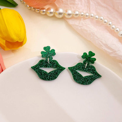 Elegant Acrylic Green Clover Earrings-Jewearrings