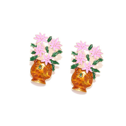 Elegant Alloy Oil Dripping Potted Flower Color Enamel Flower Stud Earrings-Jewearrings