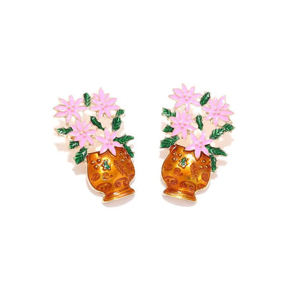 Elegant Alloy Oil Dripping Potted Flower Color Enamel Flower Stud Earrings-Jewearrings