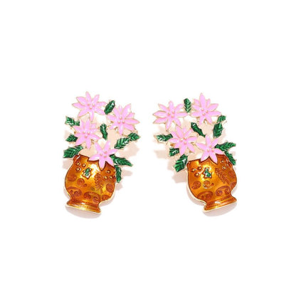 Elegant Alloy Oil Dripping Potted Flower Color Enamel Flower Stud Earrings-Jewearrings