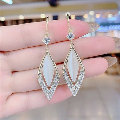 Elegant Diamond Opal Ear Hook Korean Style Long 925 Silver Needle Rhinestone Earrings-Jewearrings