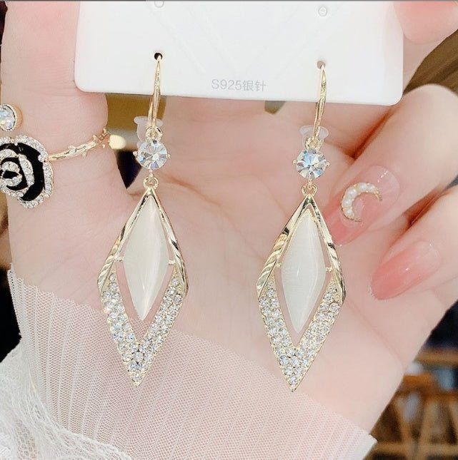 Elegant Diamond Opal Ear Hook Korean Style Long 925 Silver Needle Rhinestone Earrings-Jewearrings