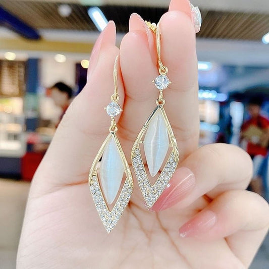 Elegant Diamond Opal Ear Hook Korean Style Long 925 Silver Needle Rhinestone Earrings-Jewearrings