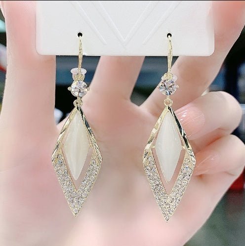 Elegant Diamond Opal Ear Hook Korean Style Long 925 Silver Needle Rhinestone Earrings-Jewearrings