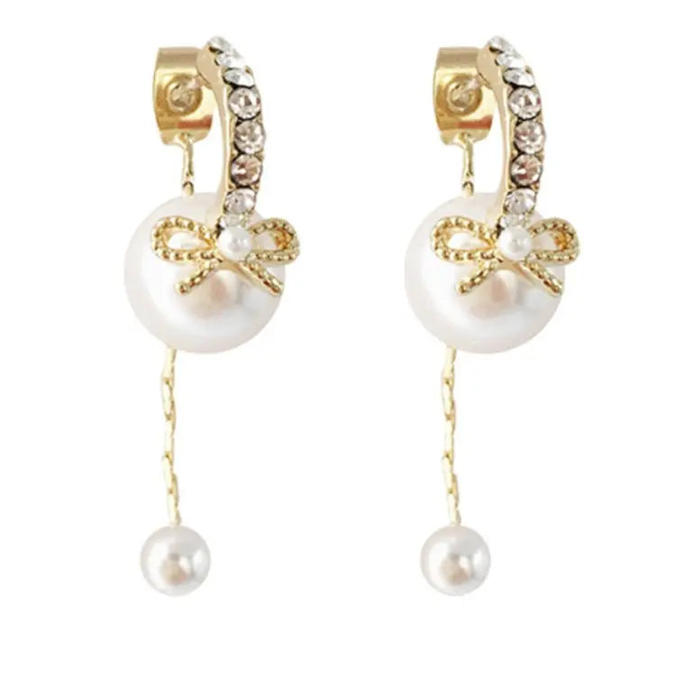 Elegant Long Pearl Bow Earrings-Jewearrings