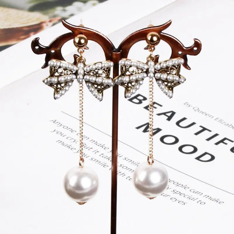 Elegant Pearl Bow Earrings-Jewearrings