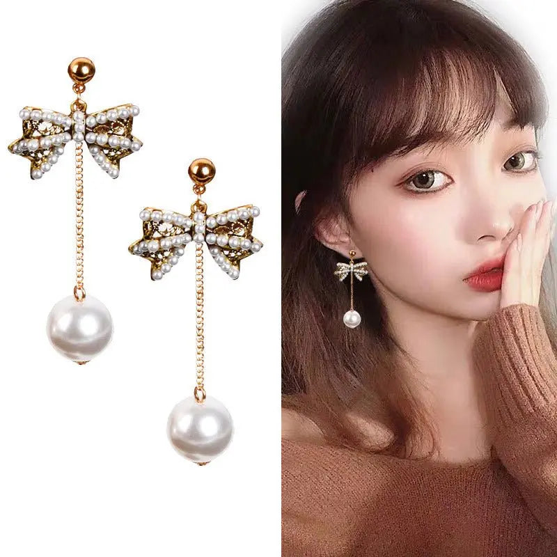 Elegant Pearl Bow Earrings-Jewearrings