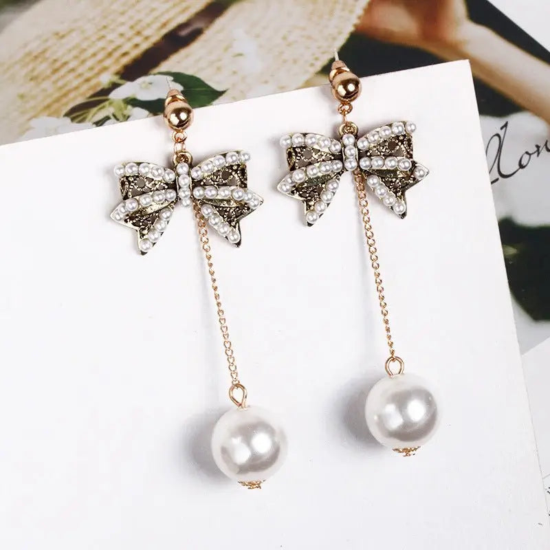 Elegant Pearl Bow Earrings-Jewearrings