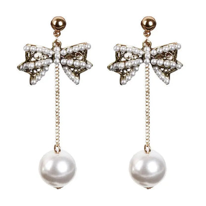 Elegant Pearl Bow Earrings-Jewearrings