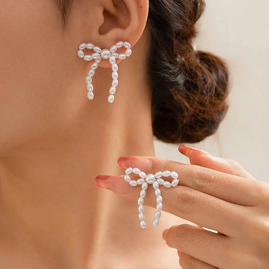 Elegant Pearl Bow Earrings for Women-Jewearrings