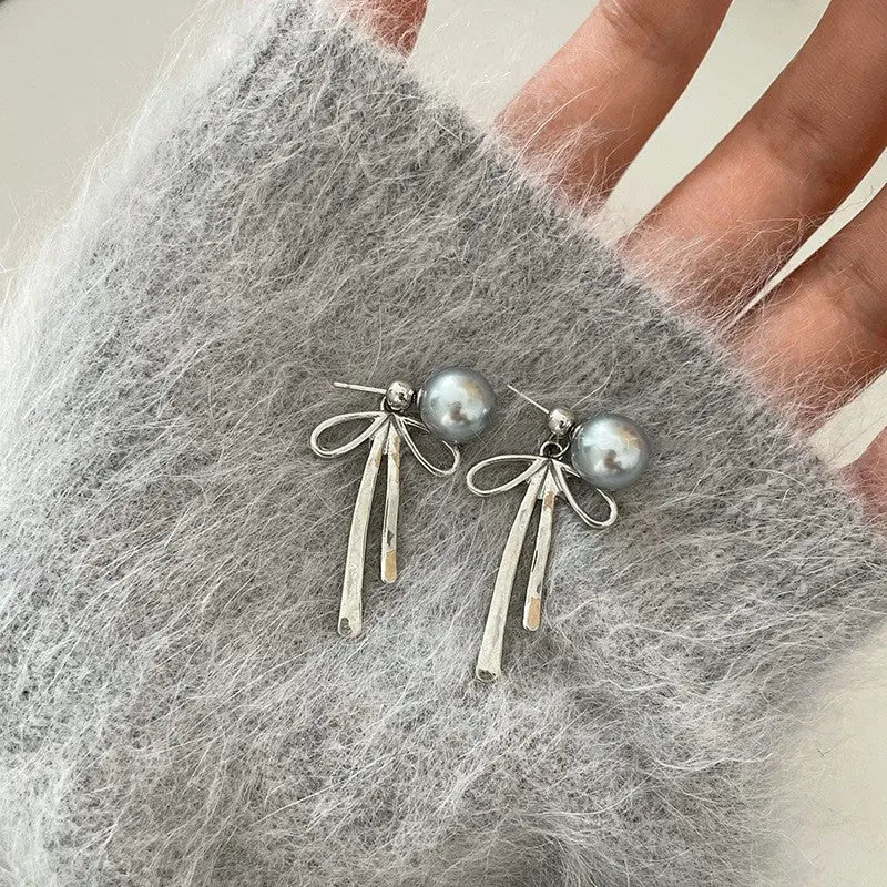 Elegant Pearl Bow Earrings - Sterling Silver Needles-Jewearrings