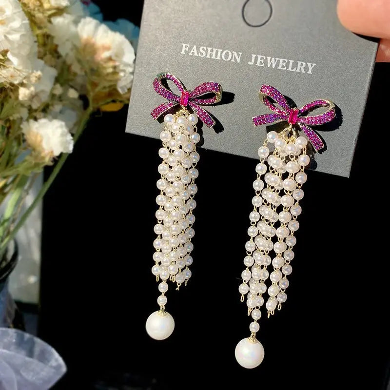 Elegant Pearl Bow Earrings with Long Tassels-Jewearrings