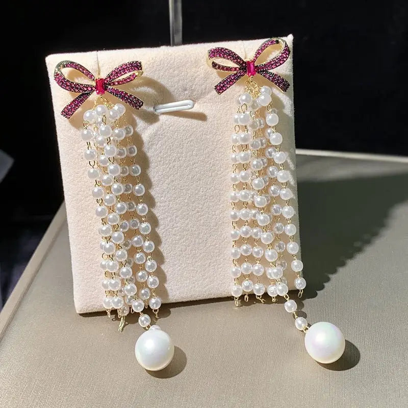 Elegant Pearl Bow Earrings with Long Tassels-Jewearrings