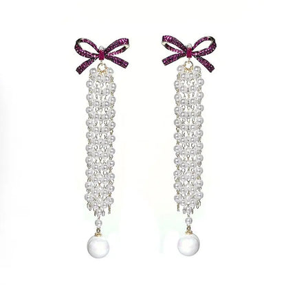 Elegant Pearl Bow Earrings with Long Tassels-Jewearrings