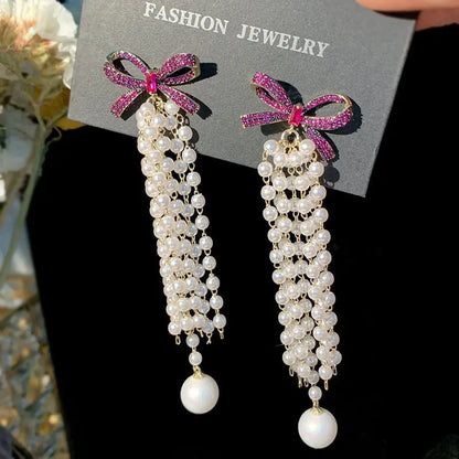 Elegant Pearl Bow Earrings with Long Tassels-Jewearrings