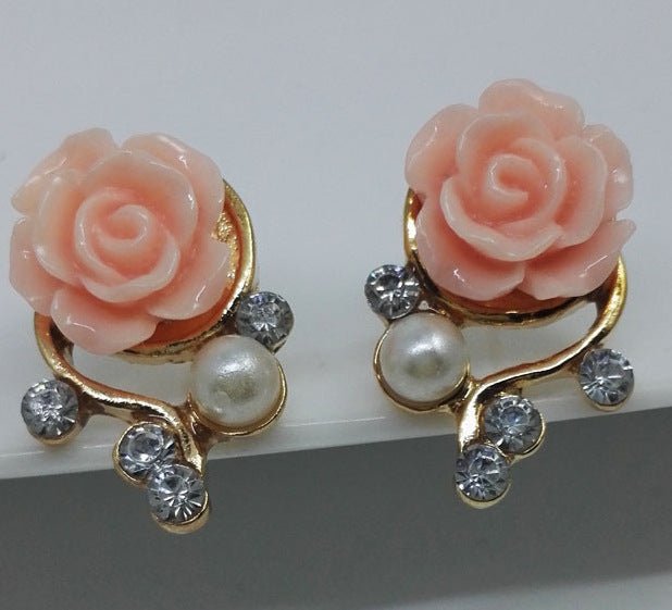 Elegant Rose Sparkling Diamond Pearl Branch Earrings-Jewearrings