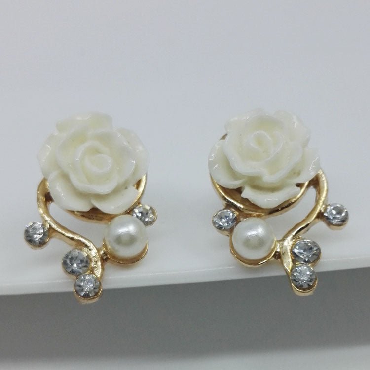 Elegant Rose Sparkling Diamond Pearl Branch Earrings-Jewearrings