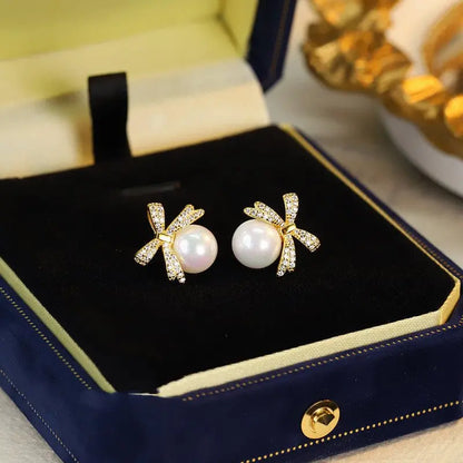 Elegant Sterling Silver Pearl Bow Earrings-Jewearrings