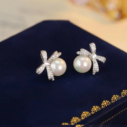 Elegant Sterling Silver Pearl Bow Earrings-Jewearrings