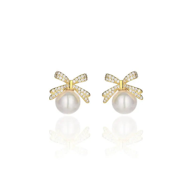 Elegant Sterling Silver Pearl Bow Earrings-Jewearrings