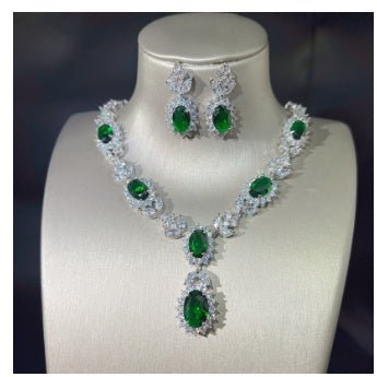 Emerald Tourmaline Full Diamond Earrings Female Pendant Necklace Set-Jewearrings