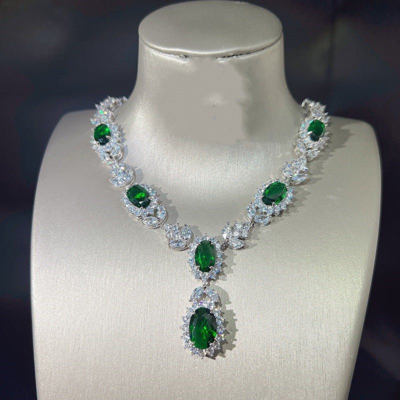 Emerald Tourmaline Full Diamond Earrings Female Pendant Necklace Set-Jewearrings