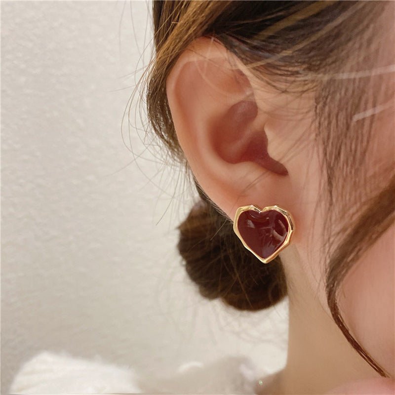 Enamel Red Heart Earrings 18K Gold Stud Earrings For Women-Jewearrings