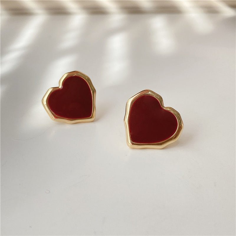 Enamel Red Heart Earrings 18K Gold Stud Earrings For Women-Jewearrings