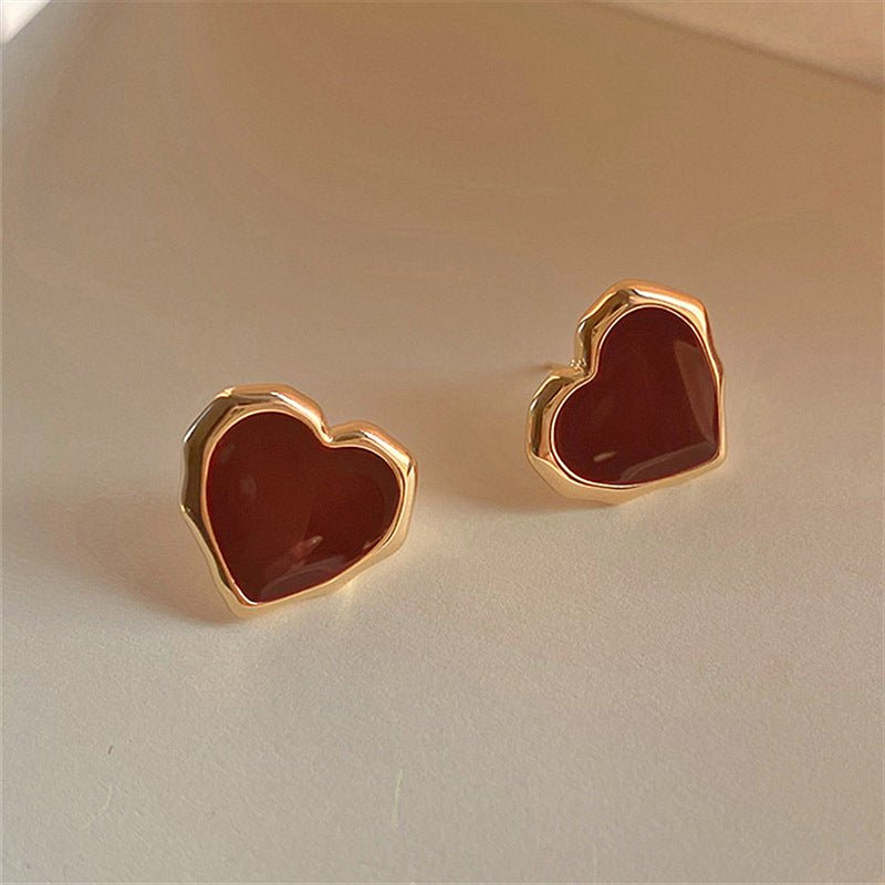 Enamel Red Heart Earrings 18K Gold Stud Earrings For Women-Jewearrings