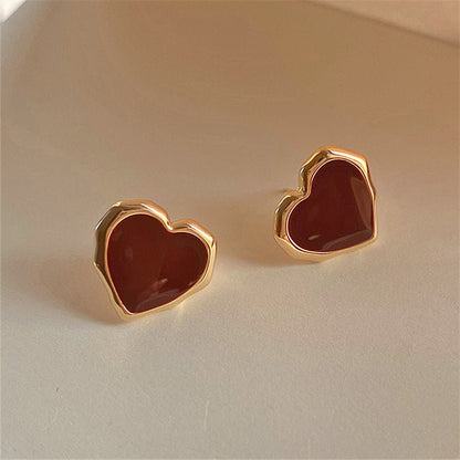 Enamel Red Heart Earrings 18K Gold Stud Earrings For Women-Jewearrings